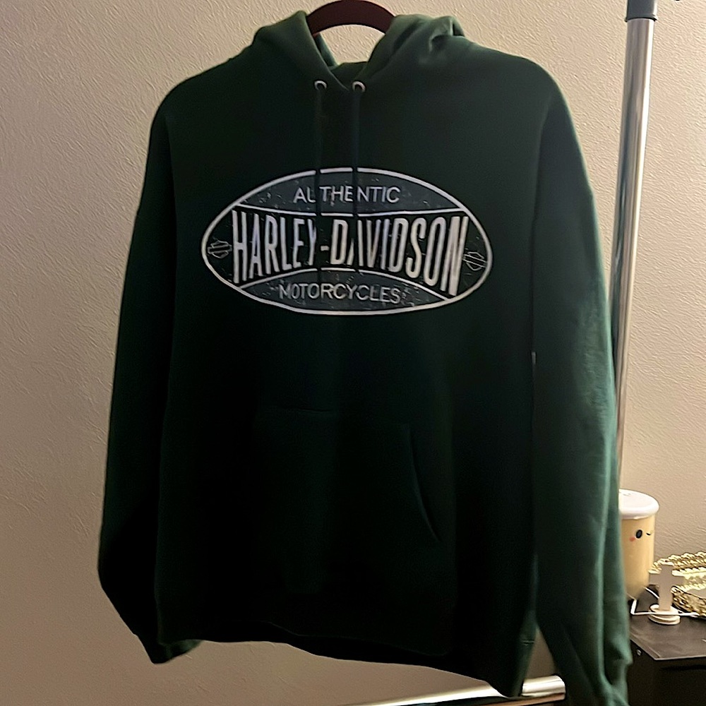 Men’s green hooded Harley Davidson sweatshirt medium size good condition
